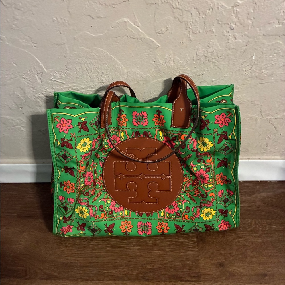 Tory Burch Green Floral Canvas Tote with Brown Leather Logo Excellent Condition